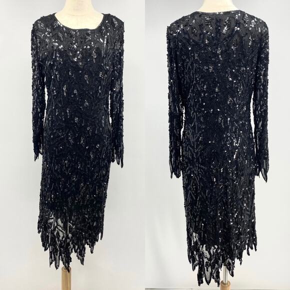 Vintage 80's black silk/bead/sequin midi shift dress shark tooth hem size Medium - Picture 1 of 13
